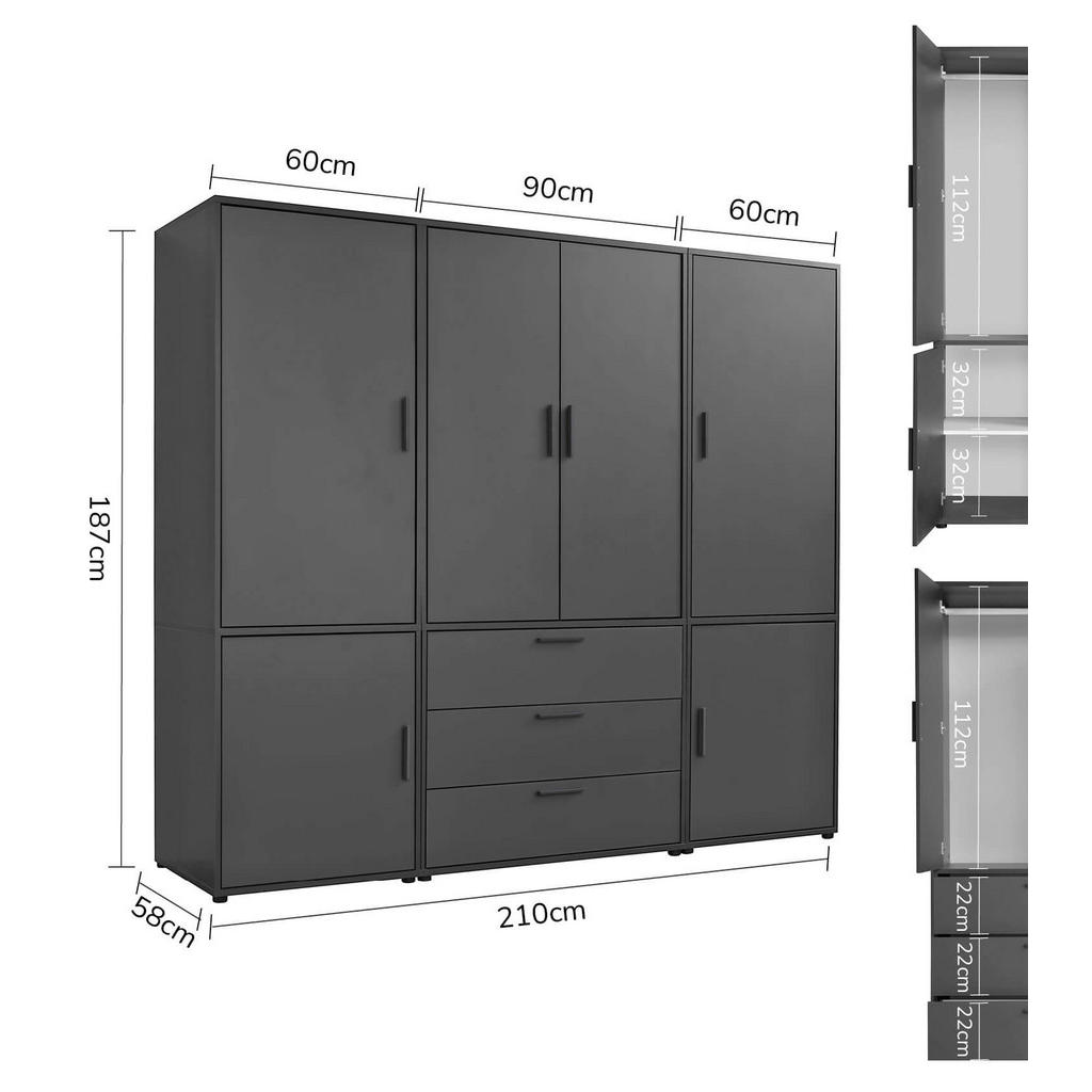 Thumbnail - Mokebo Kleiderschrank, Anthrazit, Holzwerkstoff, 2 Fächer, 210x187x58 cm, Schlafzimmer, Kleiderschränke, Drehtürenschrän...