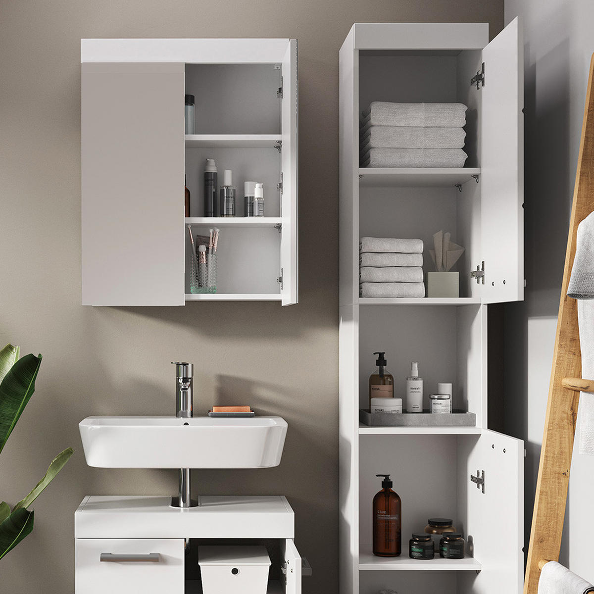 BADMÖBEL-SET Luna Weiß 3 Teile, mit Hochschrank - Weiß, Holzwerkstoff (60/56/34cm) - Vicco