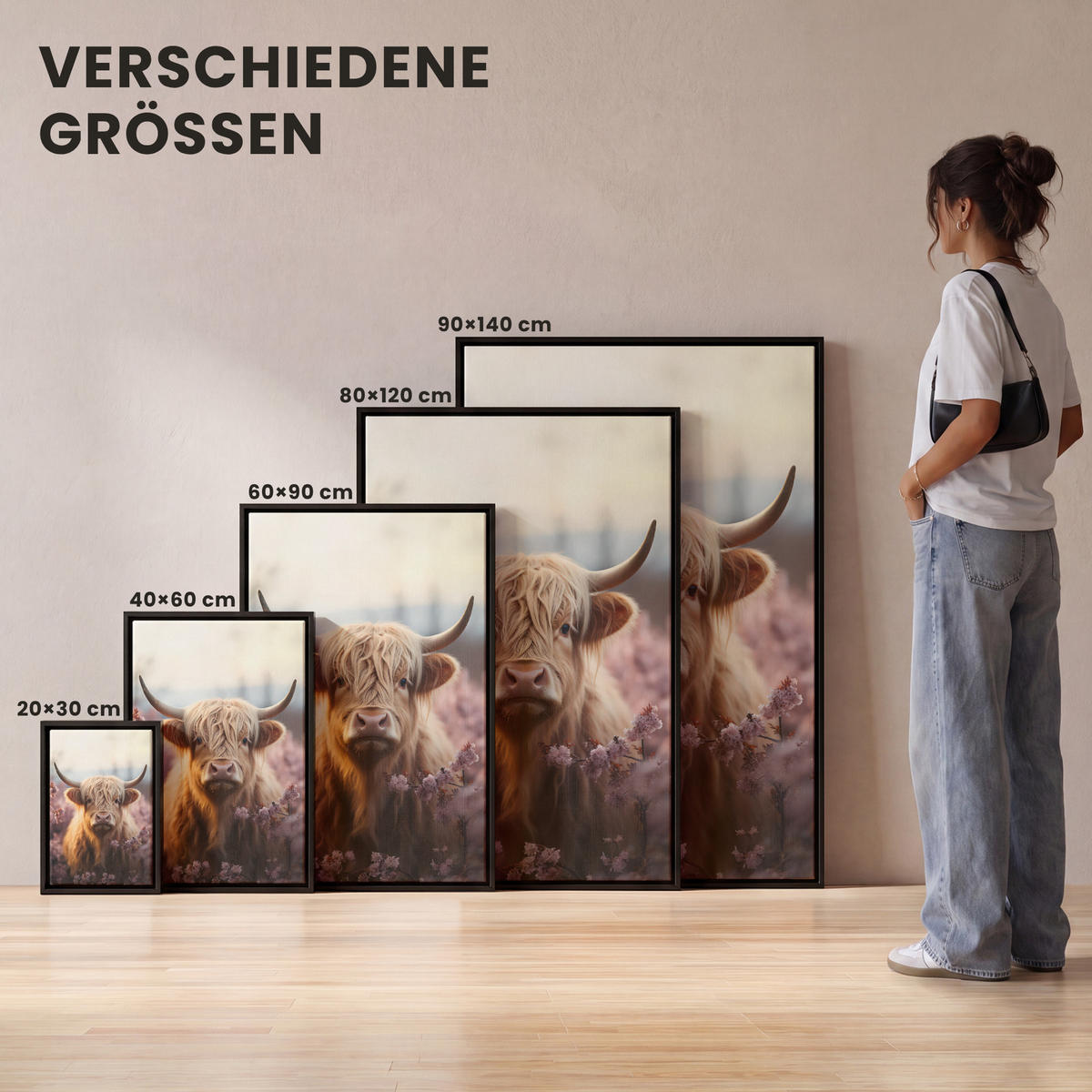 LEINWAND Bilder mit Rahmen - Schottischer Hochländer - Frühling - Hochland - 40x60 - Hellrosa, Textil (40/60cm) - MuchoWow