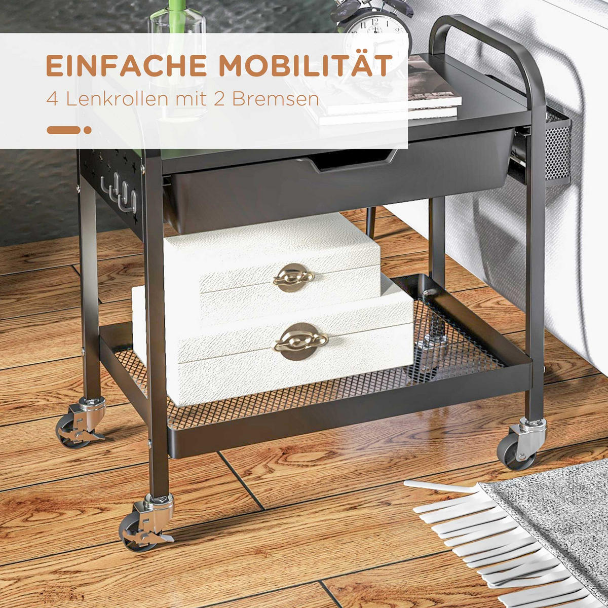 SERVIERWAGEN, Rollwagen, Stahl, Schwarz - Schwarz, Kunststoff (32.6/58.5/61cm) - HOMCOM