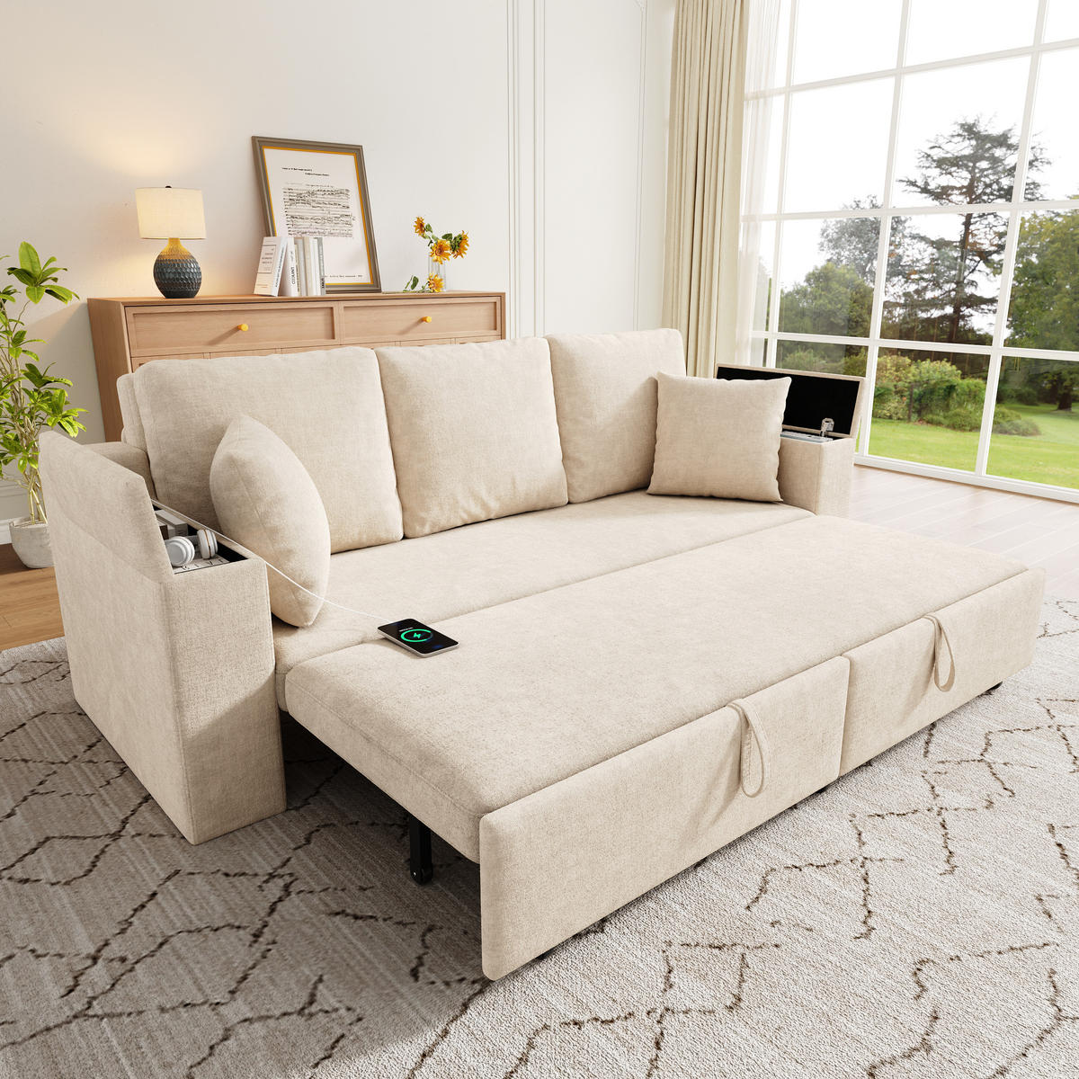 SCHLAFSOFA mit Schlaffunktion, Stauraum, USB & Type-C in Beige - Beige, Textil (210.5/93/192cm) - EVRYAE