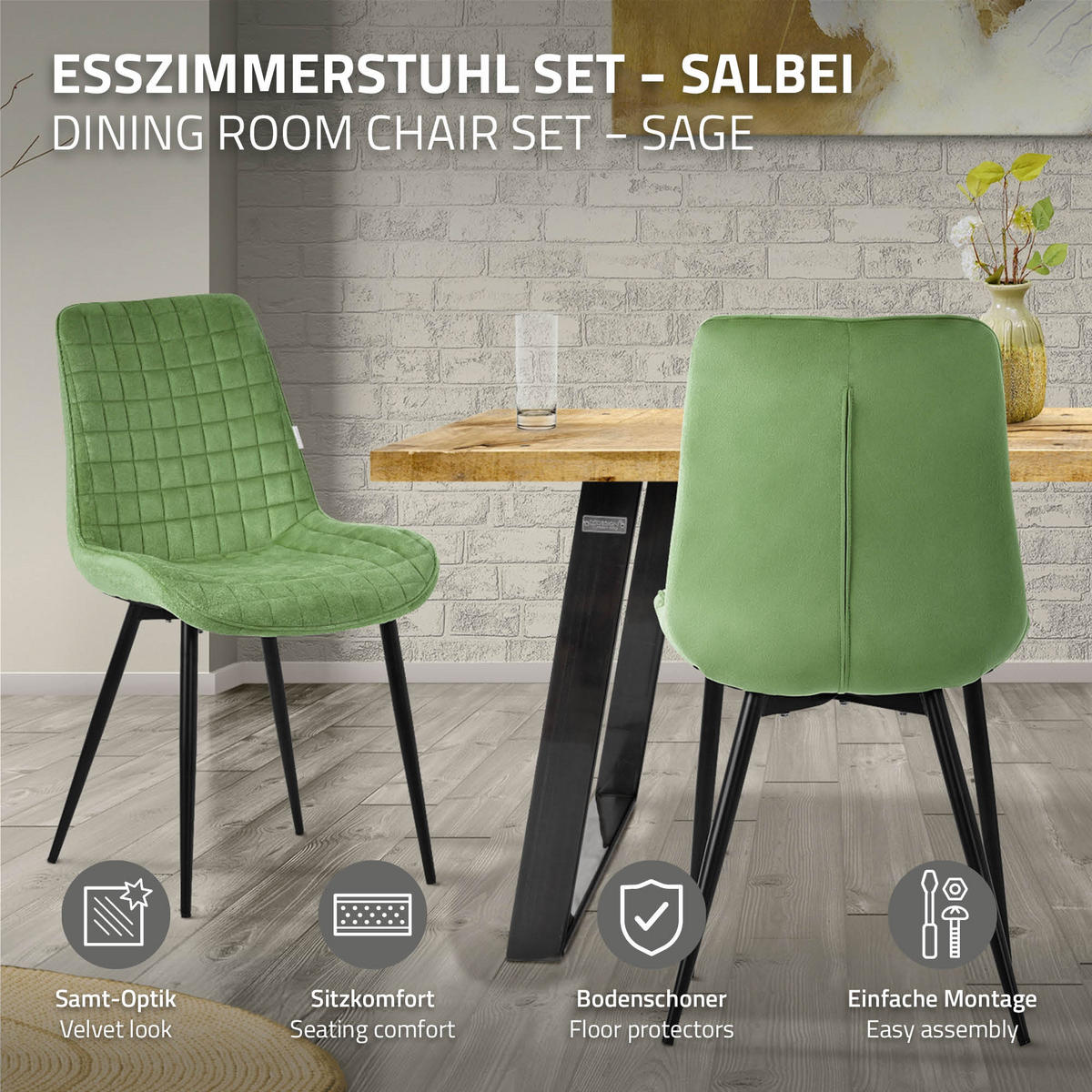 JÍDELNÍ ŽIDLE, SADA 4 KS, šalvějový samet - černá/šalvějově zelená, kov/textil (52/89/60cm) - ML-DESIGN