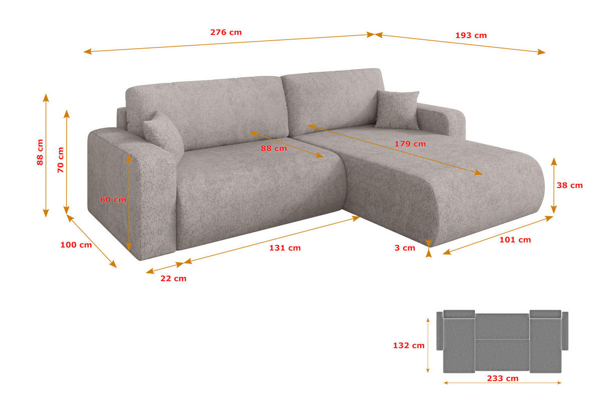 ROHOVÁ SEDAČKA s funkcí spaní, otoman vpravo BERY-L 276x193x88 světle šedá velur - černá/světle šedá, kompozitní dřevo/textil (276/193cm) - ALTDECOR
