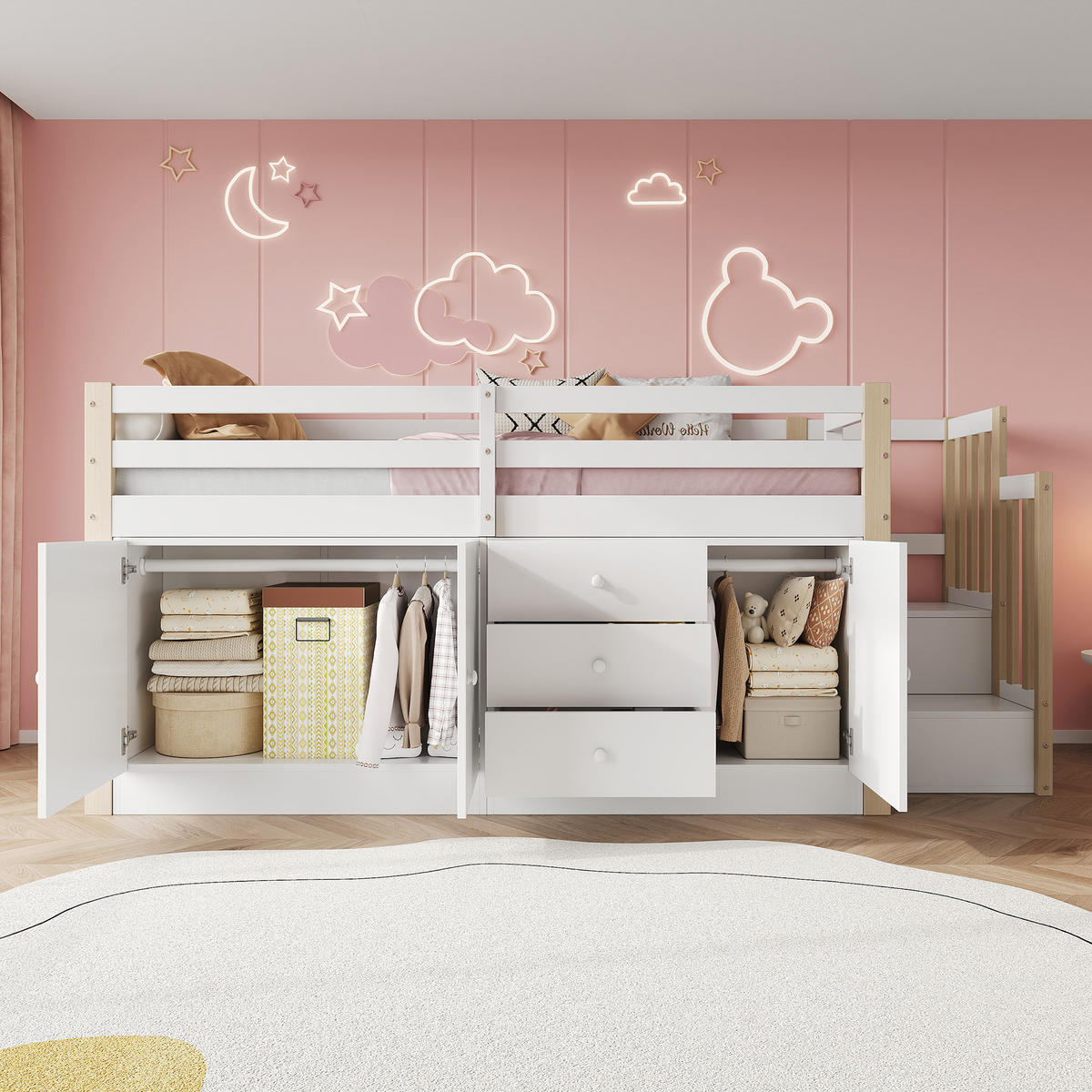 HOCHBETT 90/200 cm Weiß mit Treppe und Stauraum aus MDF - Weiß, Holzwerkstoff (90/200cm) - OKWISH