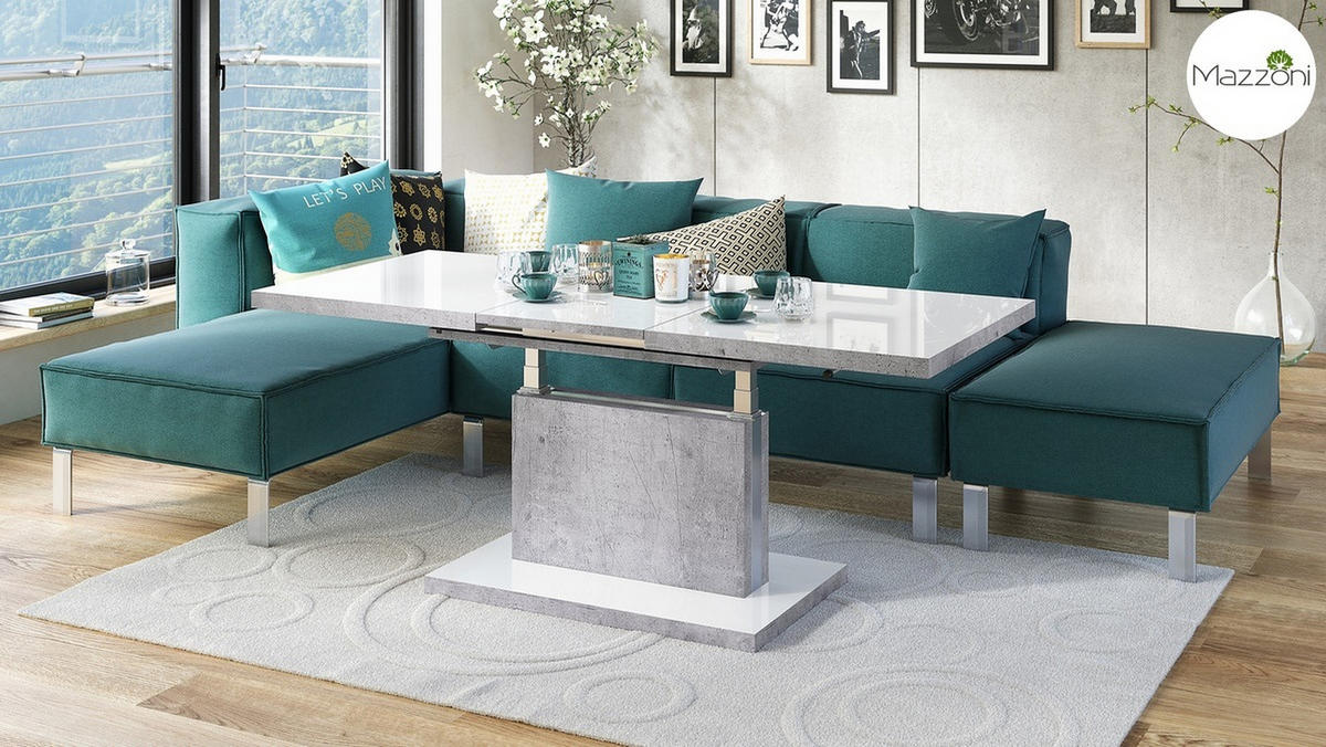 COUCHTISCH rechteckig Weiß Hochglanz - Beton ausziehbar höhenverstellbar - Weiß Hochglanz/Hellgrau, Holzwerkstoff (70/120/56cm) - designimpex