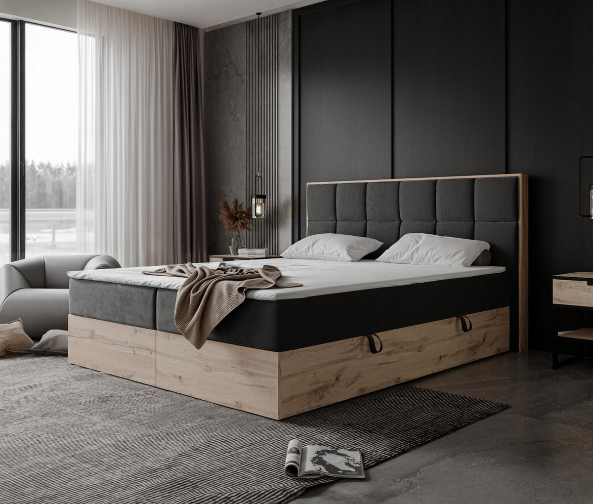 BOXBETT LAVIO II 160/200 cm, in Grau, mit Matratze und Topper - Grau, Holzwerkstoff/Textil (160/200cm) - Idohome