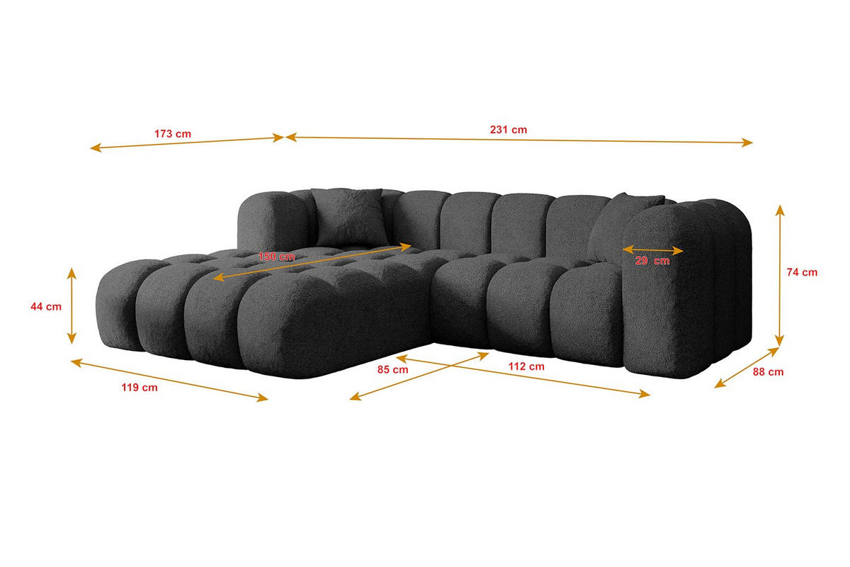 ECKSOFA Ottomane Links OLEA-L1 - 231x173x74 cm Grau Bouclé - Schwarz/Grau, Holzwerkstoff/Kunststoff (190/242cm) - ALTDECOR
