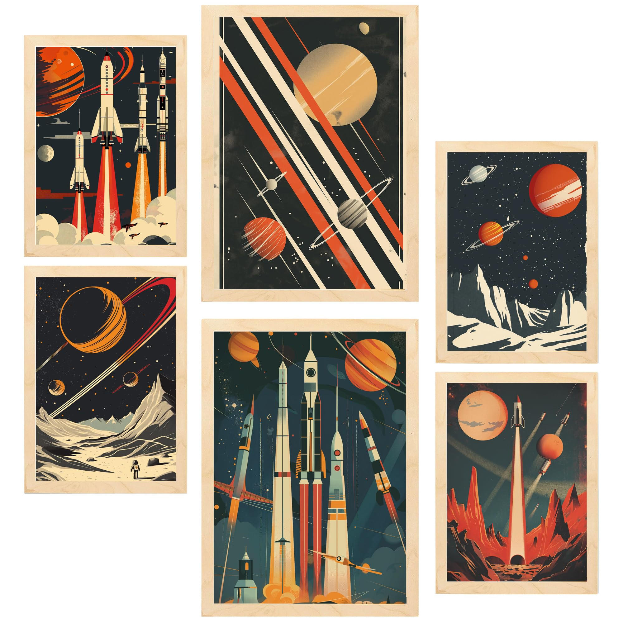 POSTER Set Mit 6 Raumschiff Rakete Planeten Vintage Rot & Blautöne A3 & A4 Rahmen Aus Hellem Holz - Beige, Papier (29/3cm) - Nacnic