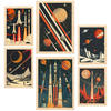 POSTER Set Mit 6 Raumschiff Rakete Planeten Vintage Rot & Blautöne A3 & A4 Rahmen Aus Hellem Holz - Beige, Papier (29/3cm) - Nacnic