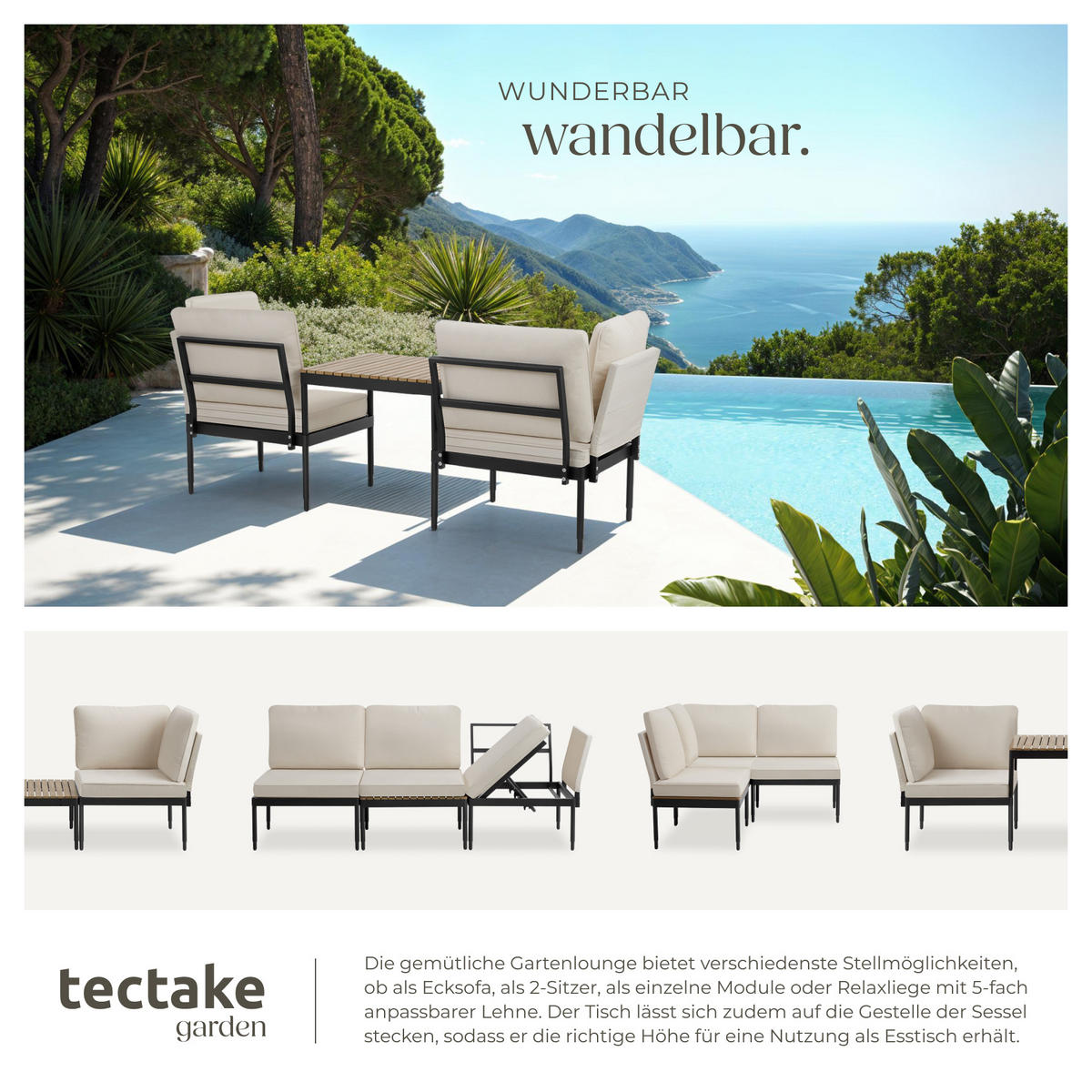 GARTENLOUNGE-SET Magaluf,Armlehnen mit Seitentaschen, stapelbar,anthrazit/grau - Anthrazit/Grau, Kunststoff/Metall - tectake