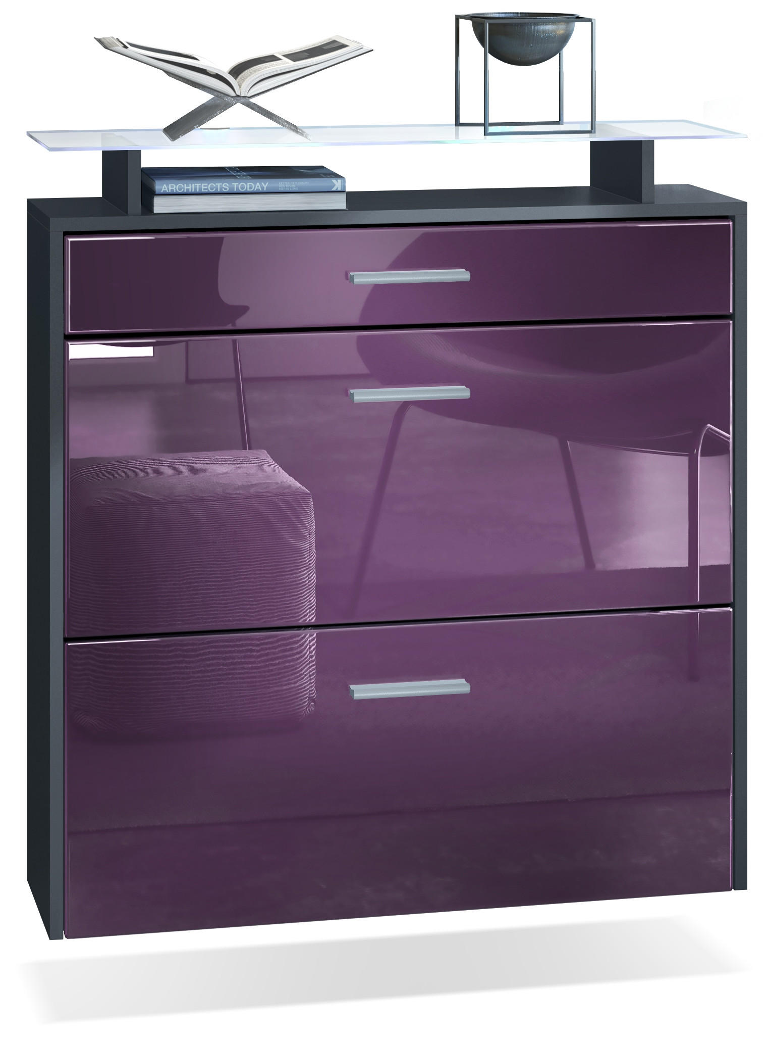 SCHUHSCHRANK Malea Fronten in Brombeer Hochglanz - Brombeere, Holzwerkstoff (89/96/23cm) - Vladon