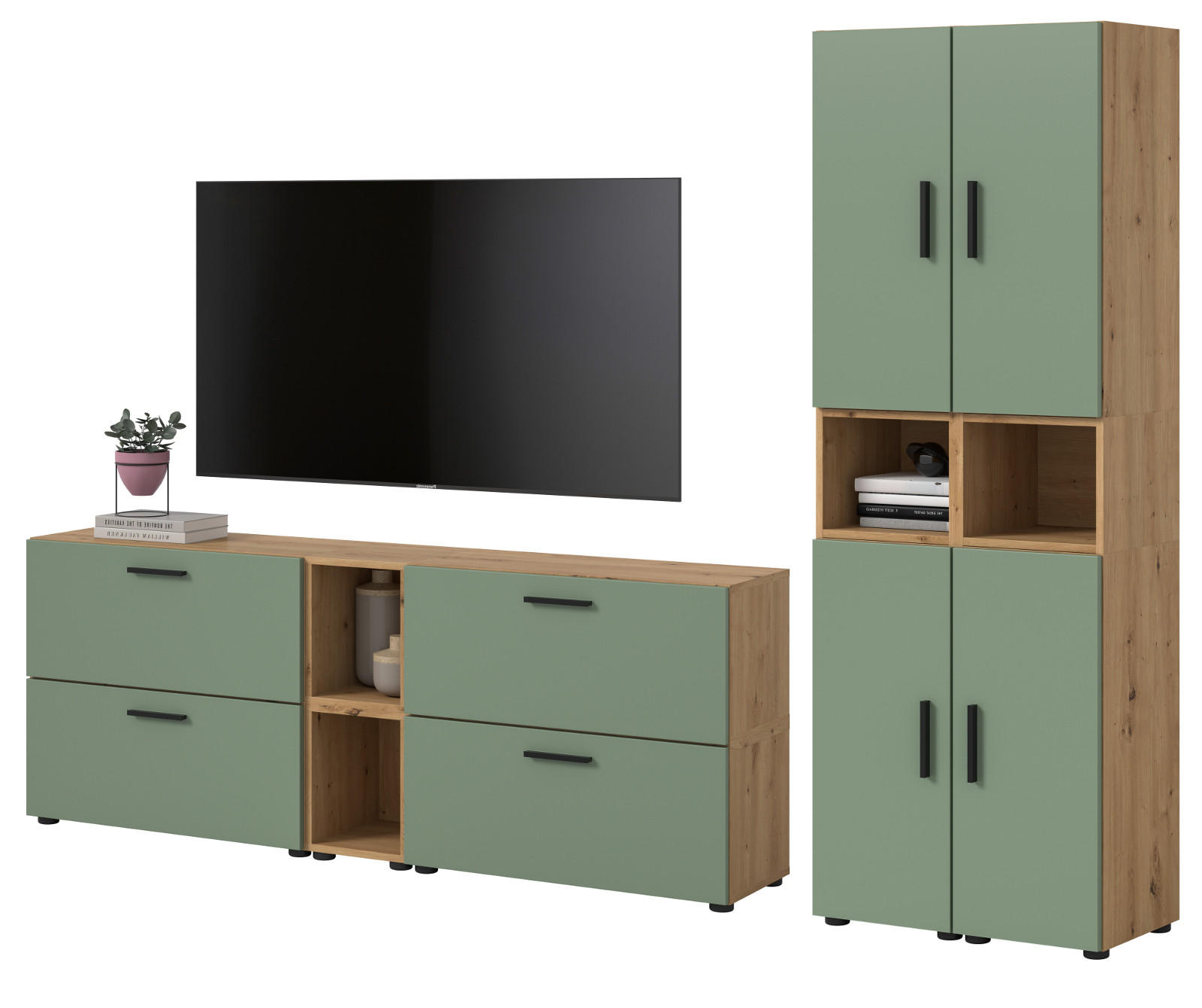 WOHNWAND grün, Eiche Artisan 256 x 178 cm, Schrankwand mit Soft-Close - Schwarz/Eiche Artisan, Holzwerkstoff/Kunststoff (256/151/34cm) - Inn.Furn