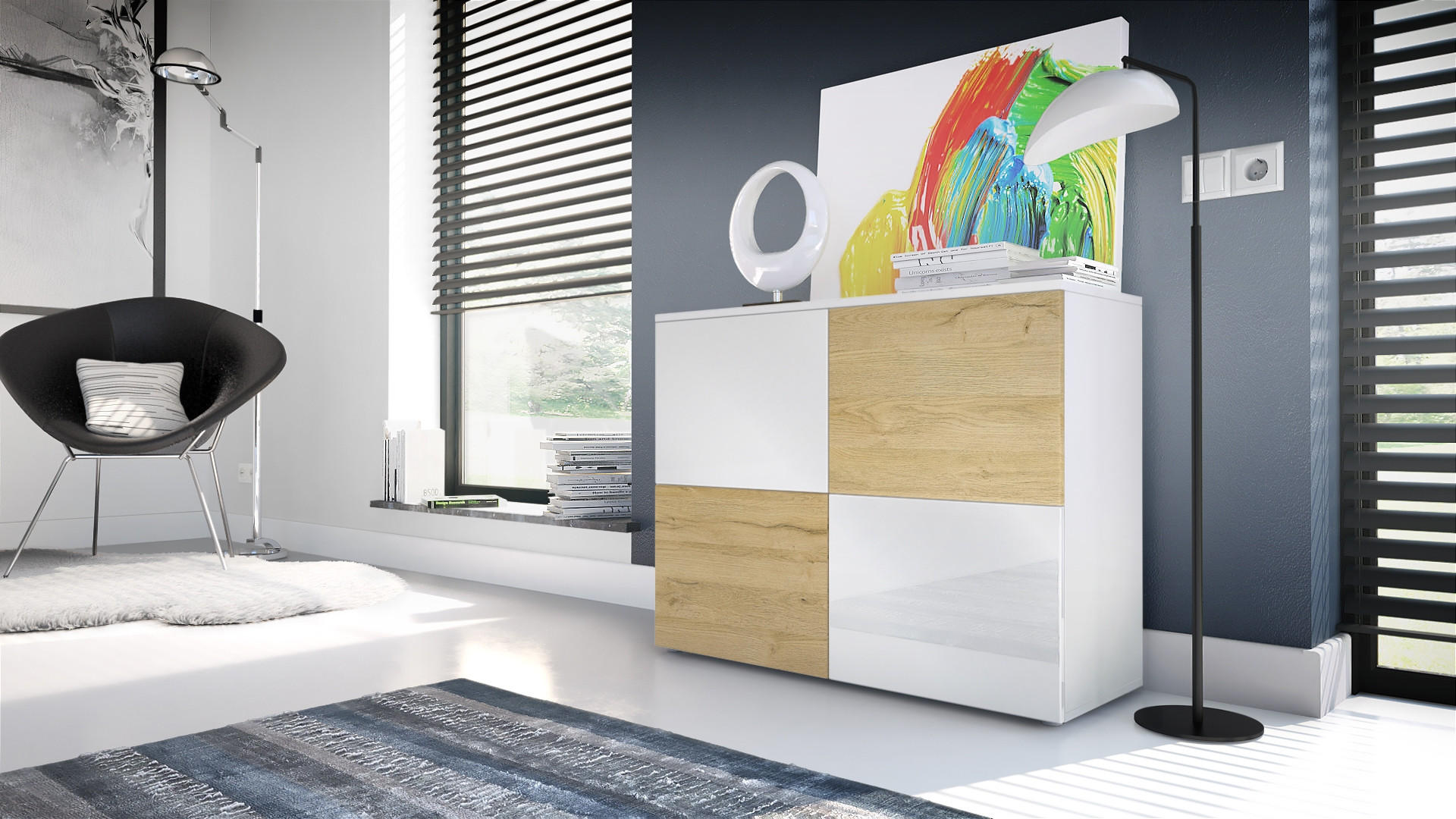 Thumbnail - Vladon Kommode, Weiß Hochglanz, Eiche, Holzwerkstoff, 92x72x35 cm, Wohnzimmer, Kommoden & Sideboards, Kommoden