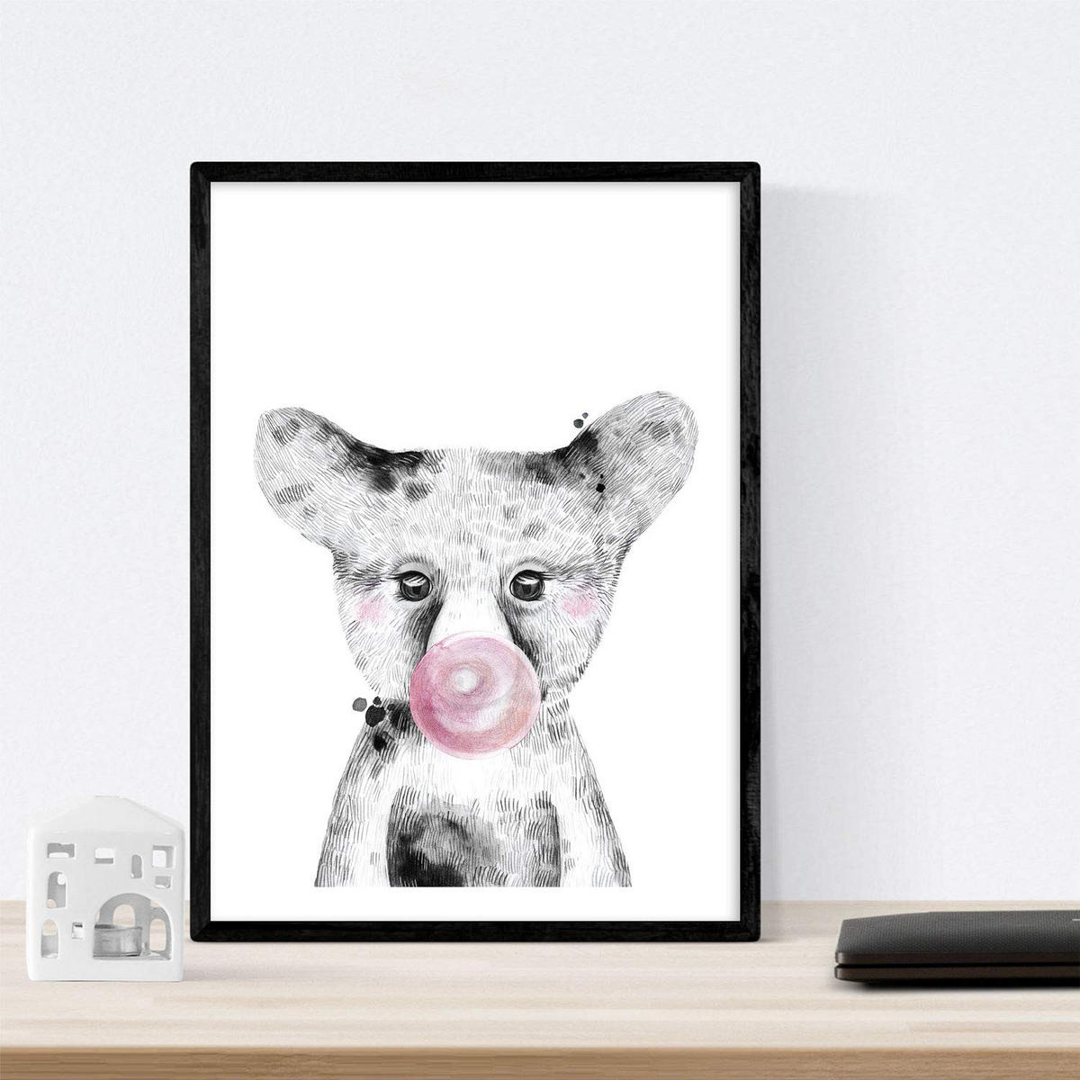 POSTER Set Mit 6 Tiere Babys Mit Kaugummi Hirschkuh Schweinefleisch Fuchs Eule Hund A4 Schwarzer Rahmen - Schwarz, Papier (29/3cm) - Nacnic