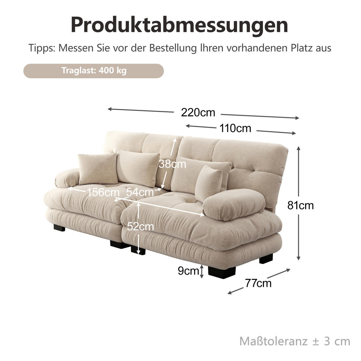 SOFA 220/77/81 cm in Hellbraun aus Chenille mit Kissen - Cappuccino, Textil (77/81/220cm) - Flora Grace