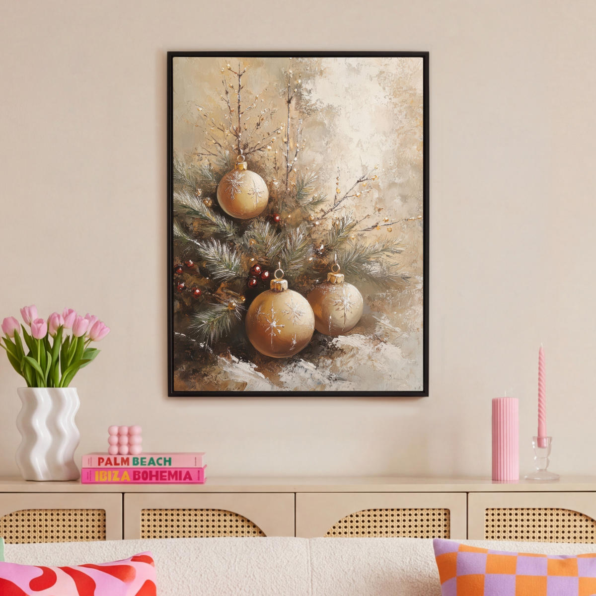 LEINWAND Bilder mit Rahmen - Weihnachten - Kugeln - Beige - Gold - 70x100 - Goldfarben, Textil (70/100cm) - MuchoWow