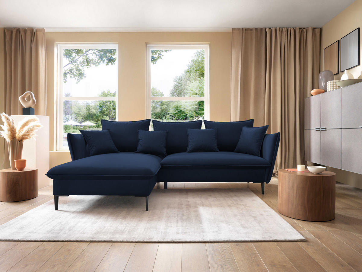 ECKSOFA GLOSS mit Schlaffunktion, Ottomane & goldenen Füßen – Samtsofa im GLOSSour-Stil mit Zierkissen, 258x167x91cm, Linke, DUNKELGRAU - Dunkelgrau, Holz/Textil (167/258cm) - DomoHome