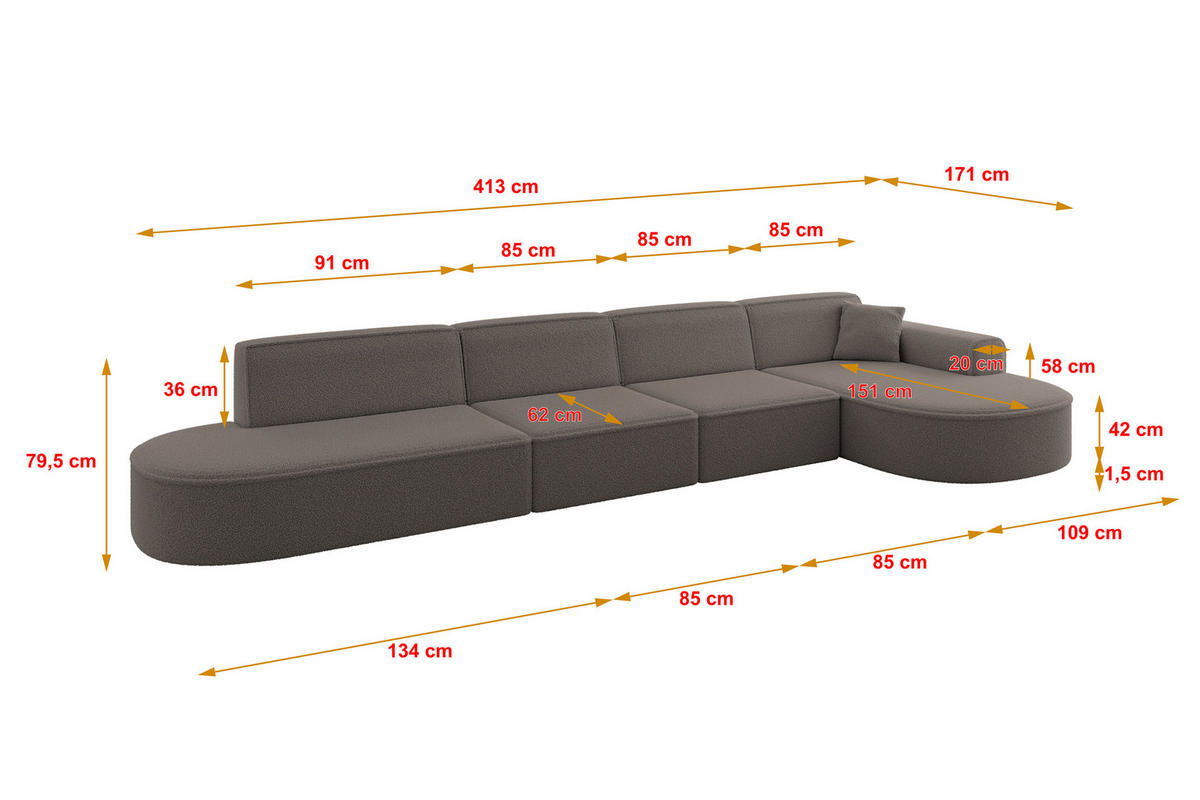 ECKSOFA Ottomane Rechts MARI-L3 - 413x171x79 cm Braun Bouclé - Schwarz/Braun, Holzwerkstoff/Kunststoff (171/413cm) - ALTDECOR