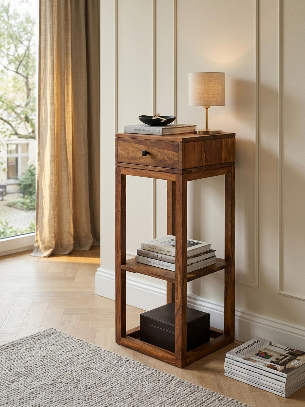 BEISTELLTISCH – Massivholz quadratisch mit Schublade und Ablagefach - Braun, Holz (35/35/90cm) - KADIMA DESIGN