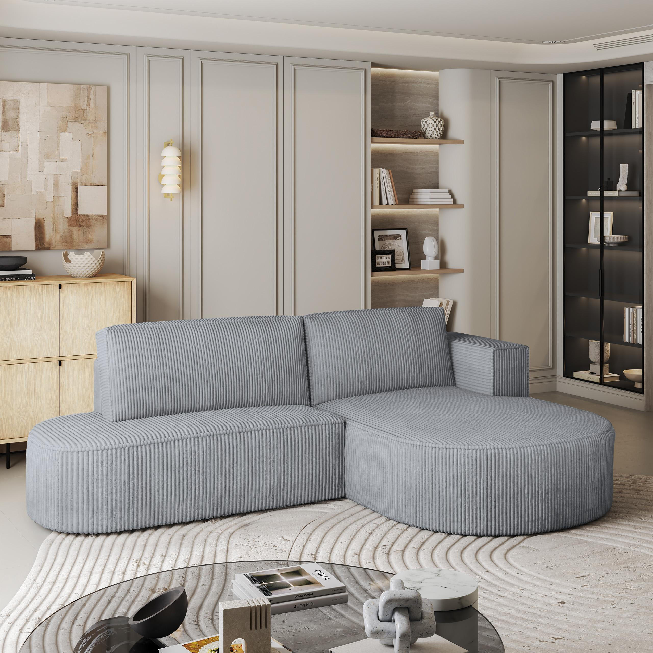 ECKSOFA CORTIO P R-S Hellgrau Kordstoff mit Schlaffunktion - Hellgrau, Holz (265/174cm) - MASSENO