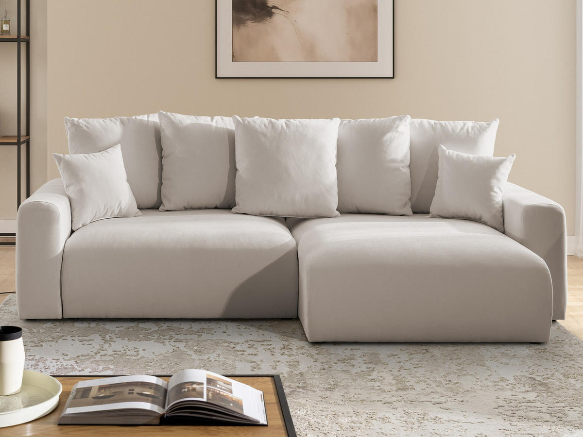 ECKSOFA Calma mit Schlaffunktion und Bettkasten im Bumpy-Design aus weichem Beige Webstoff - Ottomane rechts - Beige/Schwarz, Holz/Kunststoff (140/239cm) - S-Style
