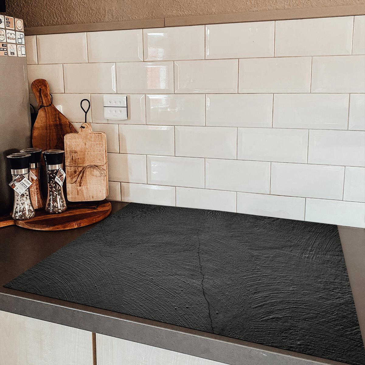 HERDABDECKPLATTE Beton - Schwarz - Industriell Induktionsmatte 77x59 cm - Anthrazit, Kunststoff (77/59/0.2cm) - MuchoWow