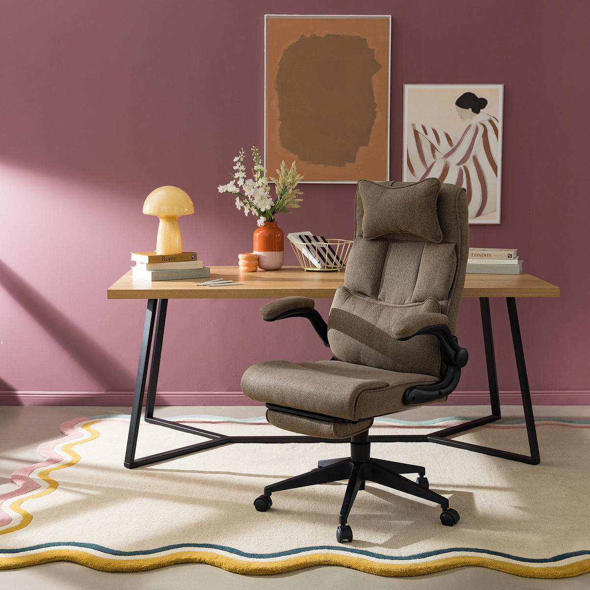 BÜRODREHSTUHL mit Fußablage - Webstoff / Eisen - Schwarz/Braun, Textil/Metall (68/100/71cm) - home24