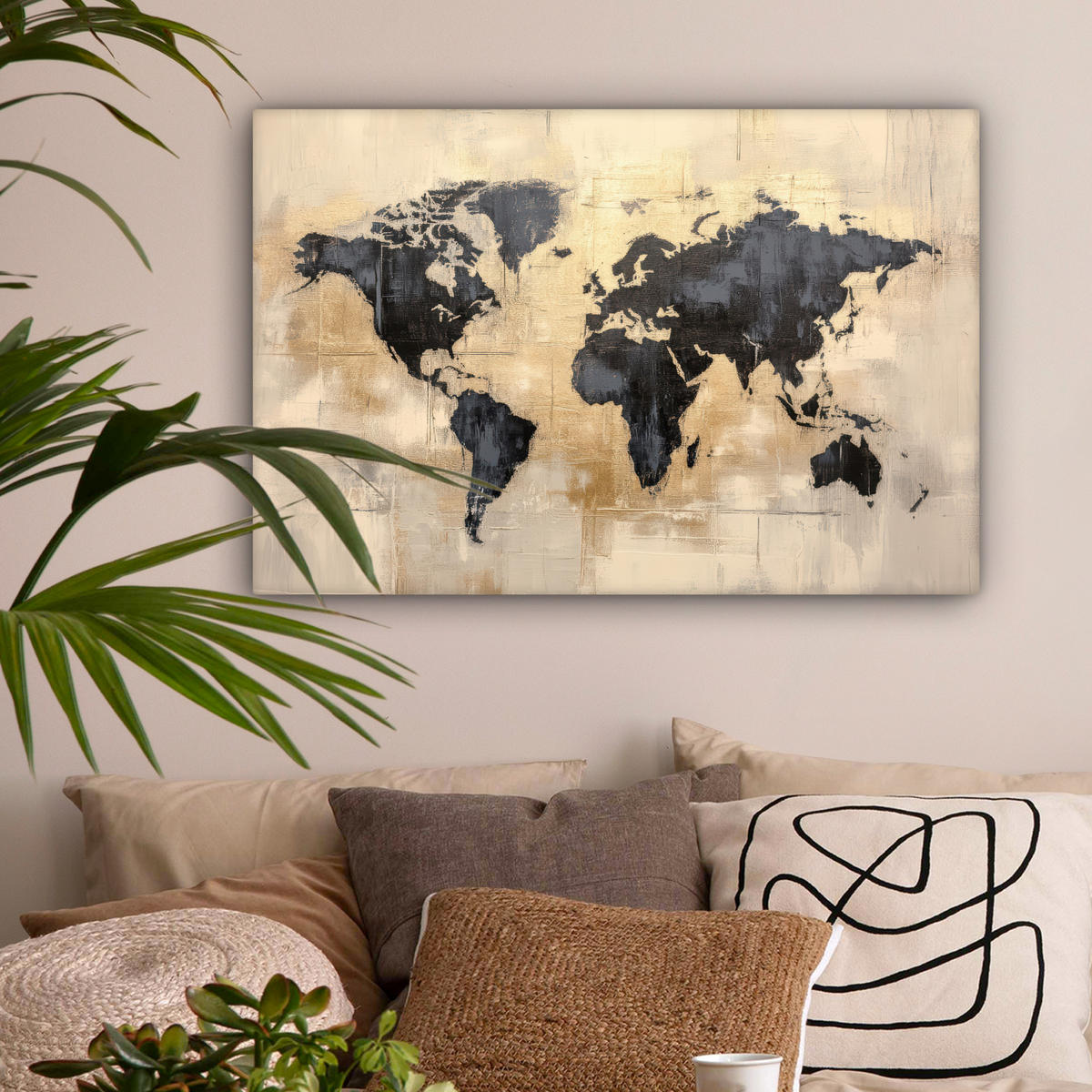 LEINWANDBILD Weltkarte - Gold - Schwarz - Abstrakt Gemälde 60x40 cm - Kupferfarben, Textil (60/40cm) - MuchoWow