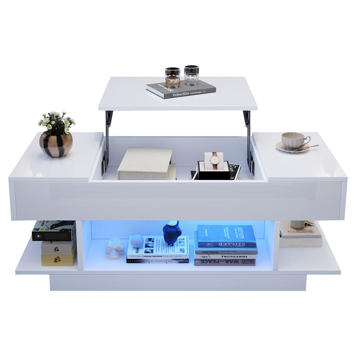 COUCHTISCH 98/45/40 cm Weiß mit Lift-Tischplatte und LED-Beleuchtung - Weiß, Holzwerkstoff (98/45/40cm) - OKWISH