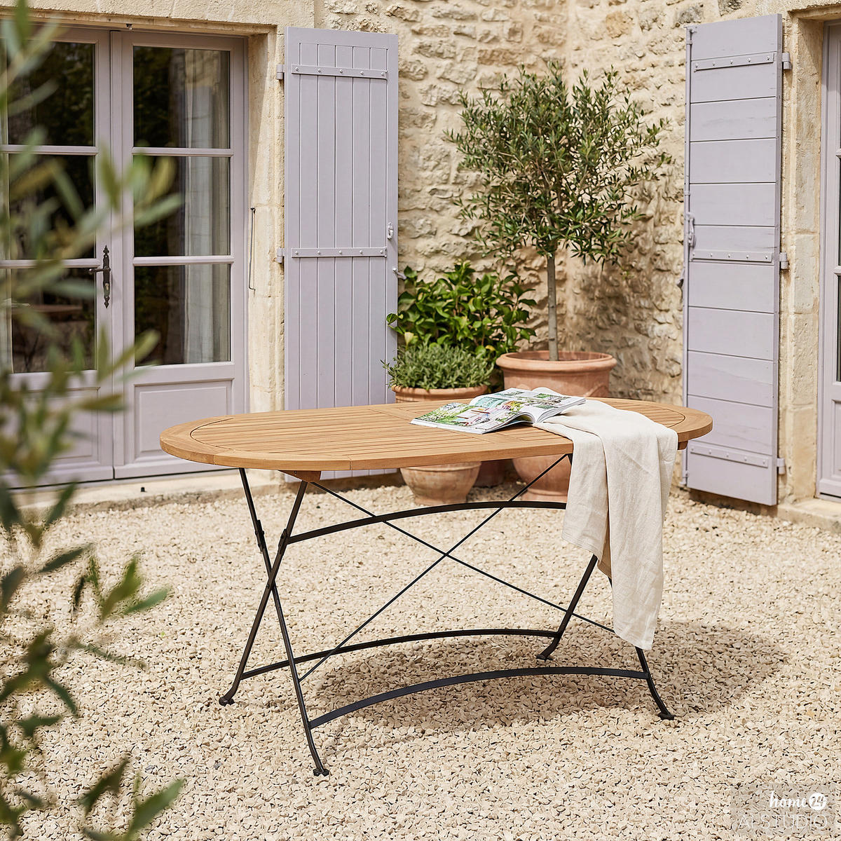 GARTENTISCH OVAL - Akazie massiv / Stahl - Braun / Schwarz - Schwarz/Braun, Holz/Metall (90/140/75cm) - home24