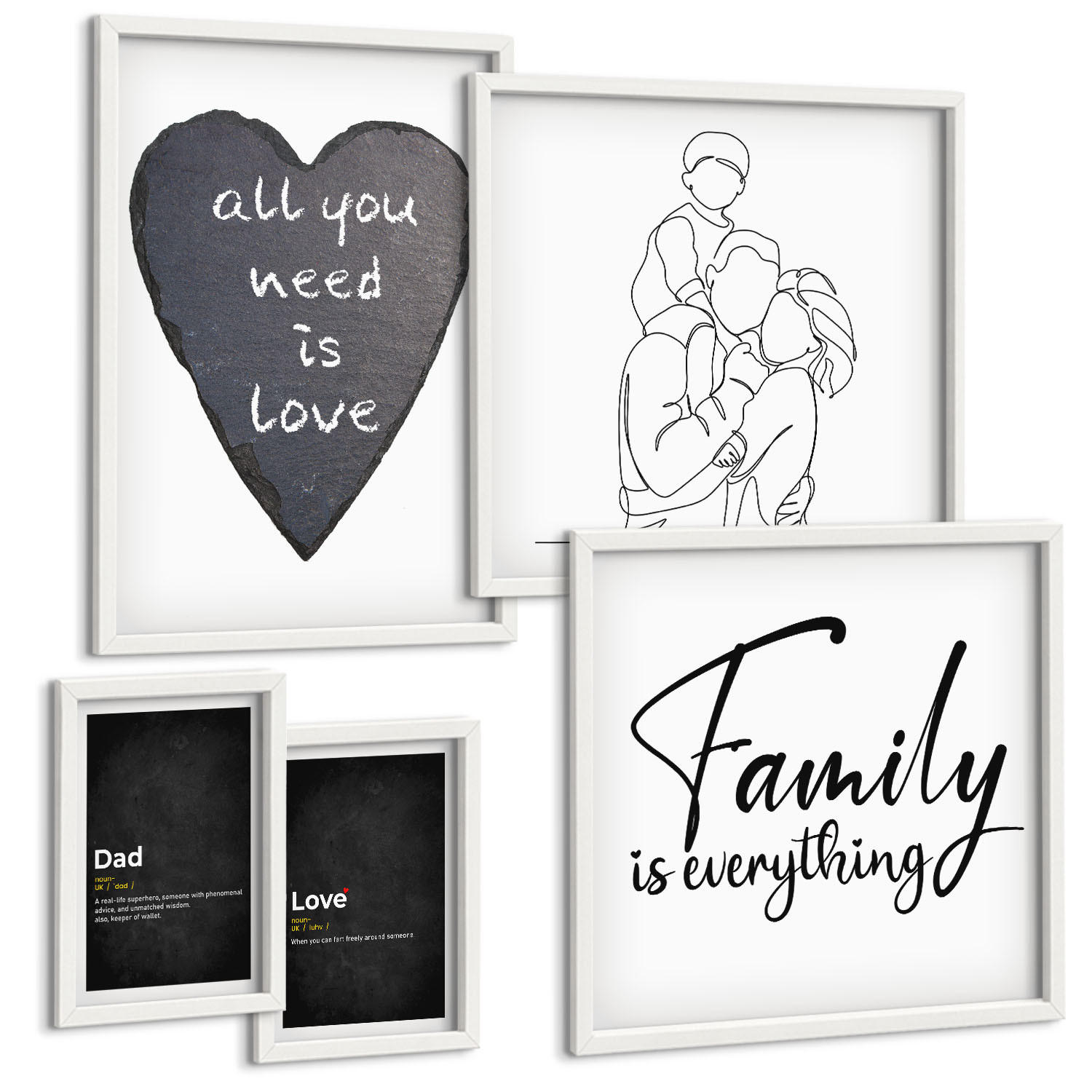 BILDER SET 5er Set - 50x50 cm & 20x30 cm & 40x60 cm Weißer Rahmen - Definitionen der Liebe in Familienzeichnungen - Weiß, Kunststoff (40/60cm) - TULUP