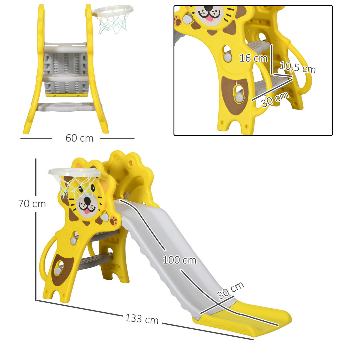 KINDERRUTSCHE DE-17969 3-in-1 mit Basketballkorb, für 18-36 Monate Gelb/Grau - Gelb, Kunststoff (127/187.96/332.74cm) - ComfortXL