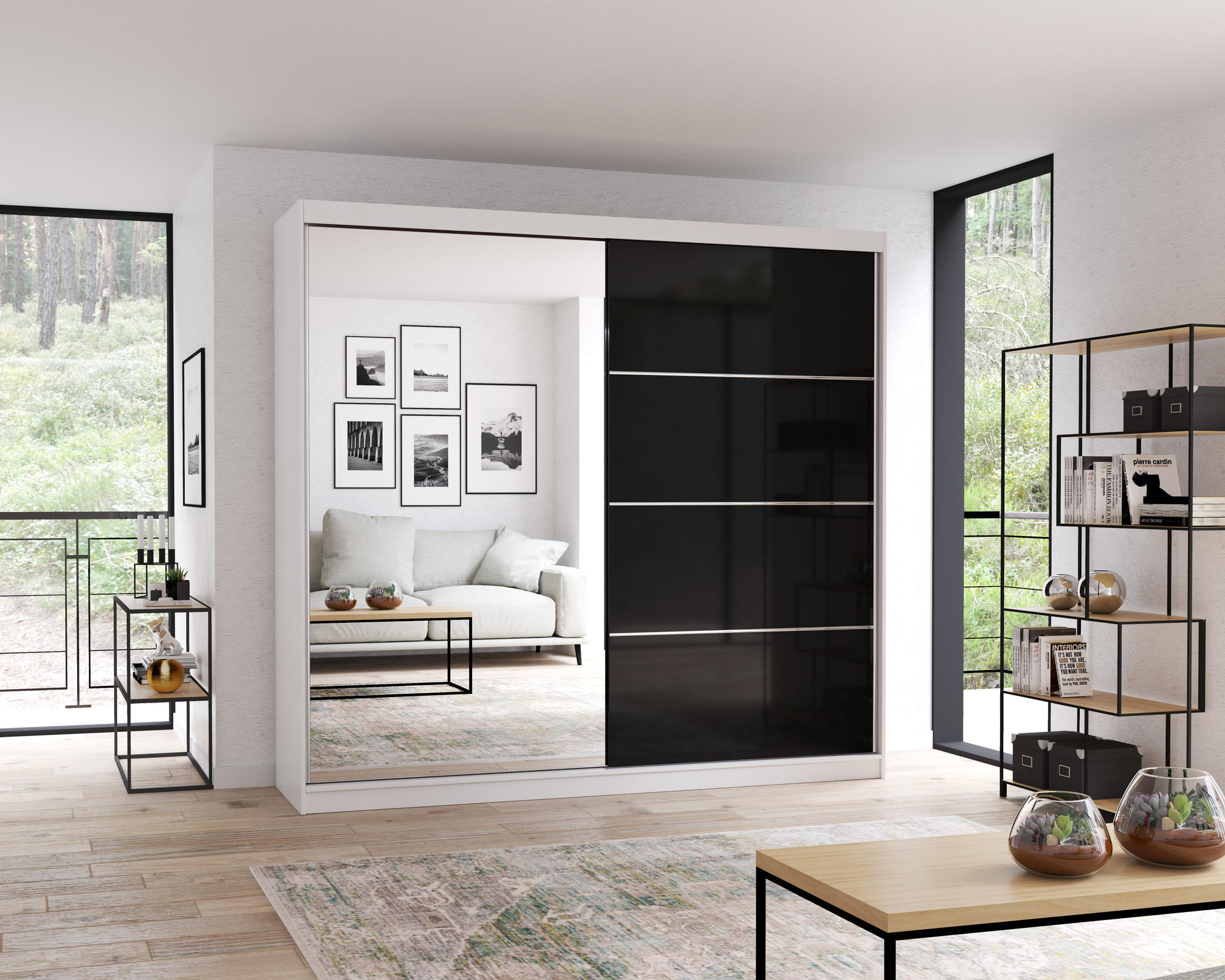 SCHWEBETÜRENSCHRANK Multi 31 Weiß/Schwarz + Spiegel 233 cm - Alufarben/Schwarz, Glas/Holzwerkstoff (233/218/61cm) - imoebel24