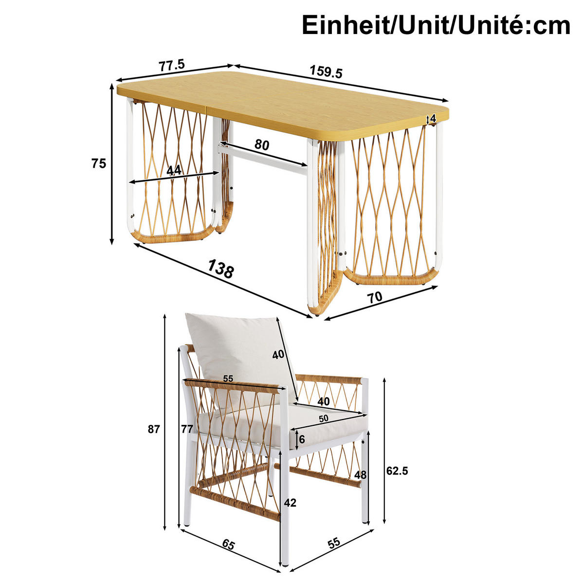 GARTENMÖBEL-SET 159,5/77,5/75 cm aus Eisen mit 1 Tisch, 6 Stühlen und Polsterauflagen, Beige/Braun/Natur - Beige, Metall - Redom