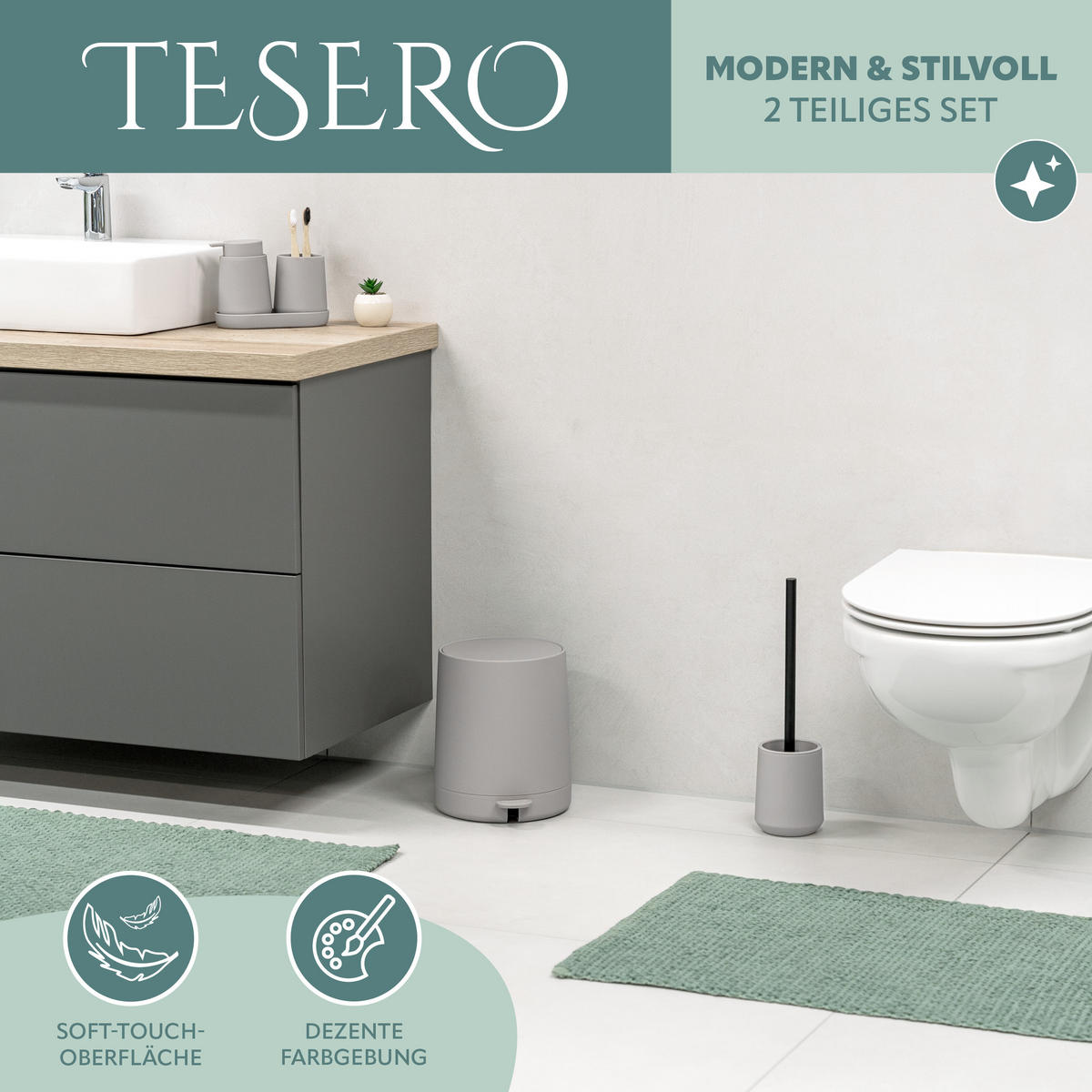 BAD-ACCESSOIRES-SET TESERO, Soft-Touch, taupe - Taupe, Kunststoff (22.5/25.5/25cm) - eluno