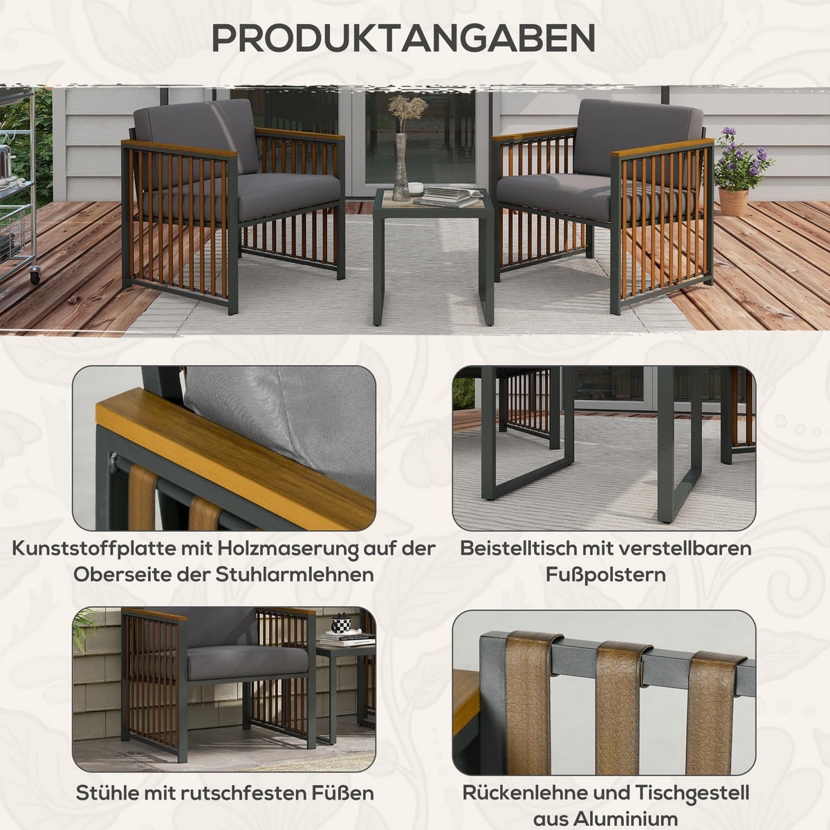 GARTENMÖBEL-SET 3-tlg., Bistro-Set inkl. Couchtisch, 2 Stühle, für Terrasse, Grau - Grau, Kunststoff - Outsunny