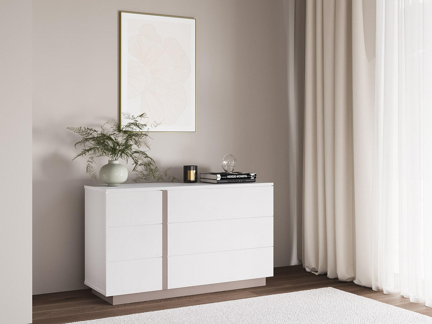 Thumbnail - Vente-Unique Kommode, Weiß, Taupe, Holz, 6 Schubladen, Rechteckig, 120x70x39 cm, Wohnzimmer, Kommoden & Sideboards, Komm...