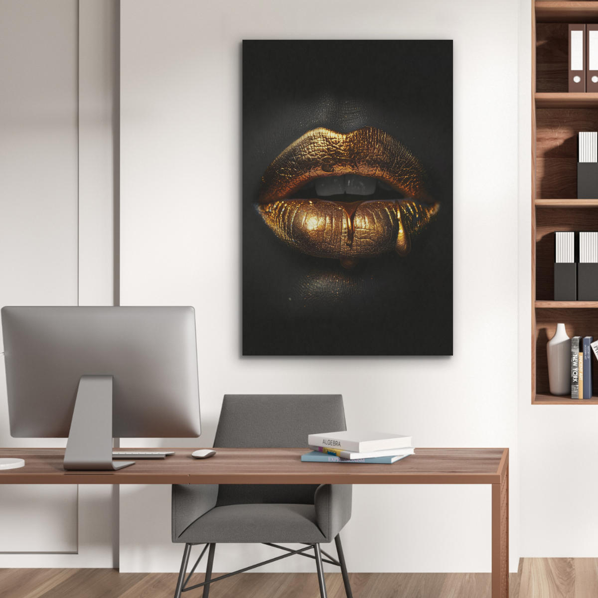 AKUSTIKPANEEL Frau - Porträt - Lippen - Gold - Schwarz 70x100 cm - Schwarz, Textil (70/0.9/100cm) - MuchoWow