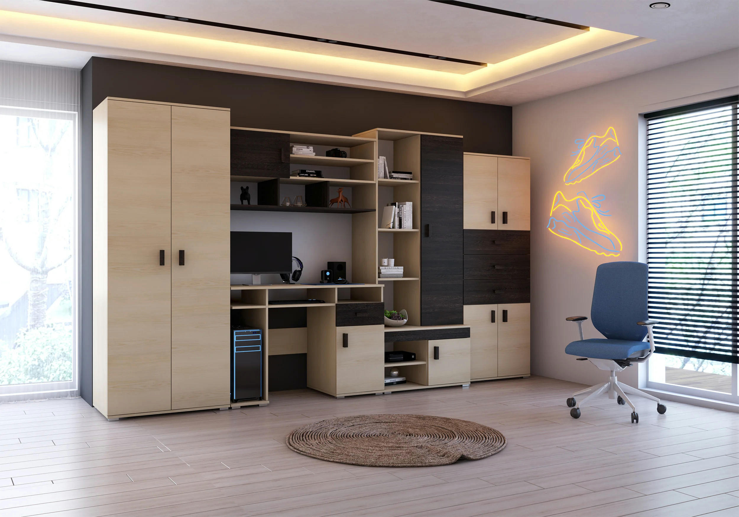 JUGENDZIMMER Mila in Esche und Canterbury Eiche 5 teilig – tolle Wohnwand mit Schreibtisch, Komplett Set - Braun, Holzwerkstoff (80/200/120cm)