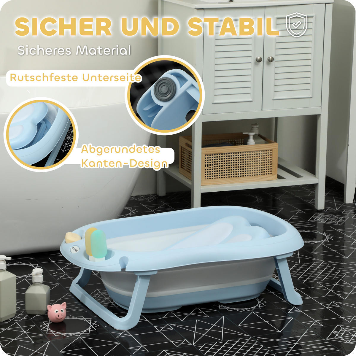 2ER -Set Babybadewanne, faltbar Baby Bathtub mit Gestell, rutschfest Babywanne - Hellblau, Kunststoff (48/83cm) - AIYAPLAY