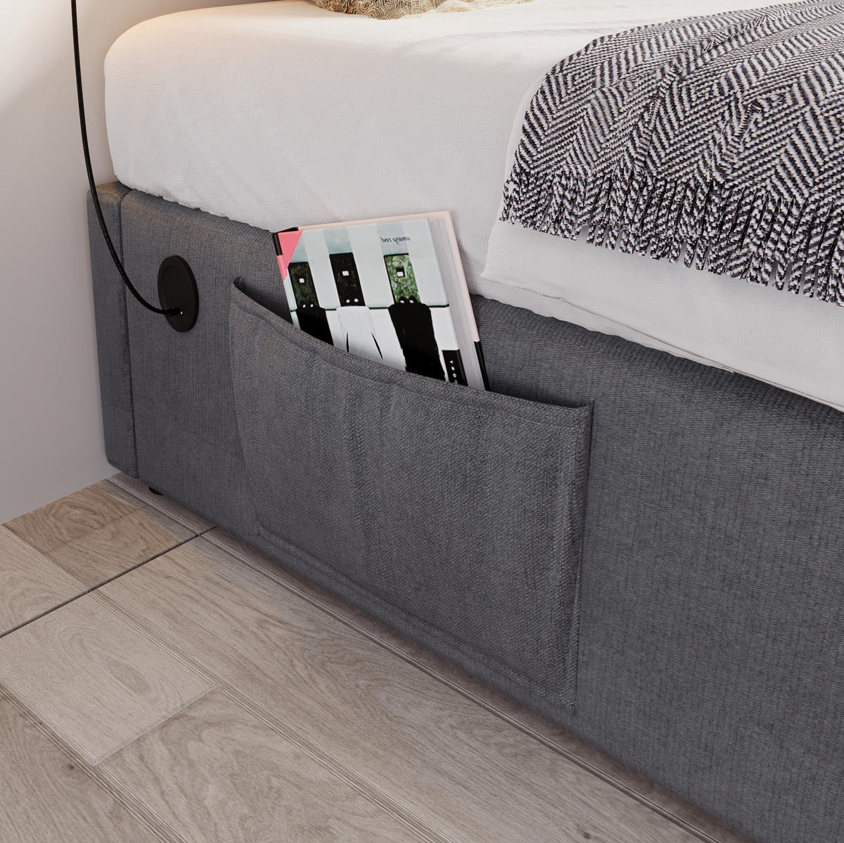 BETT mit Stauraum 160x200 cm Grau Baumwoll-Leinenstoff mit USB-C - Grau, Metall (160/200cm) - Meubliv
