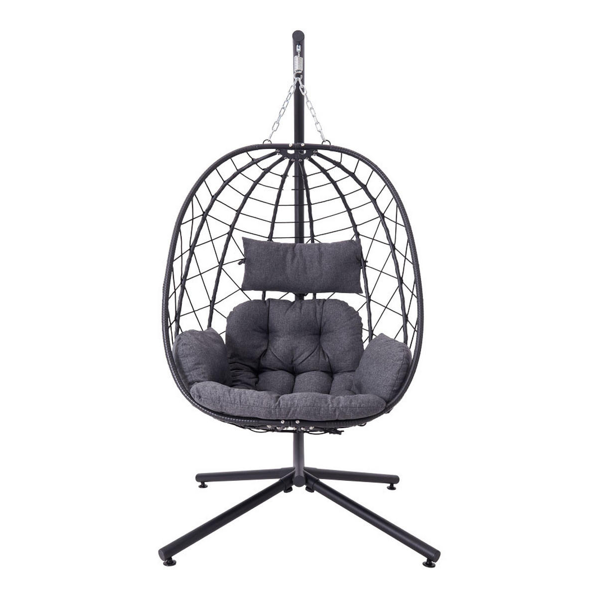 HÄNGESESSEL mit Kissen & Kopfstütze Eiförmig aus PE-Rattan, Eisen, Nylonseil in Schwarz Robuste Wetterbeständig Einfache Montage 93 x 88 x 192 cm - Schwarz, Metall (93/192/88cm) - Livingandhome