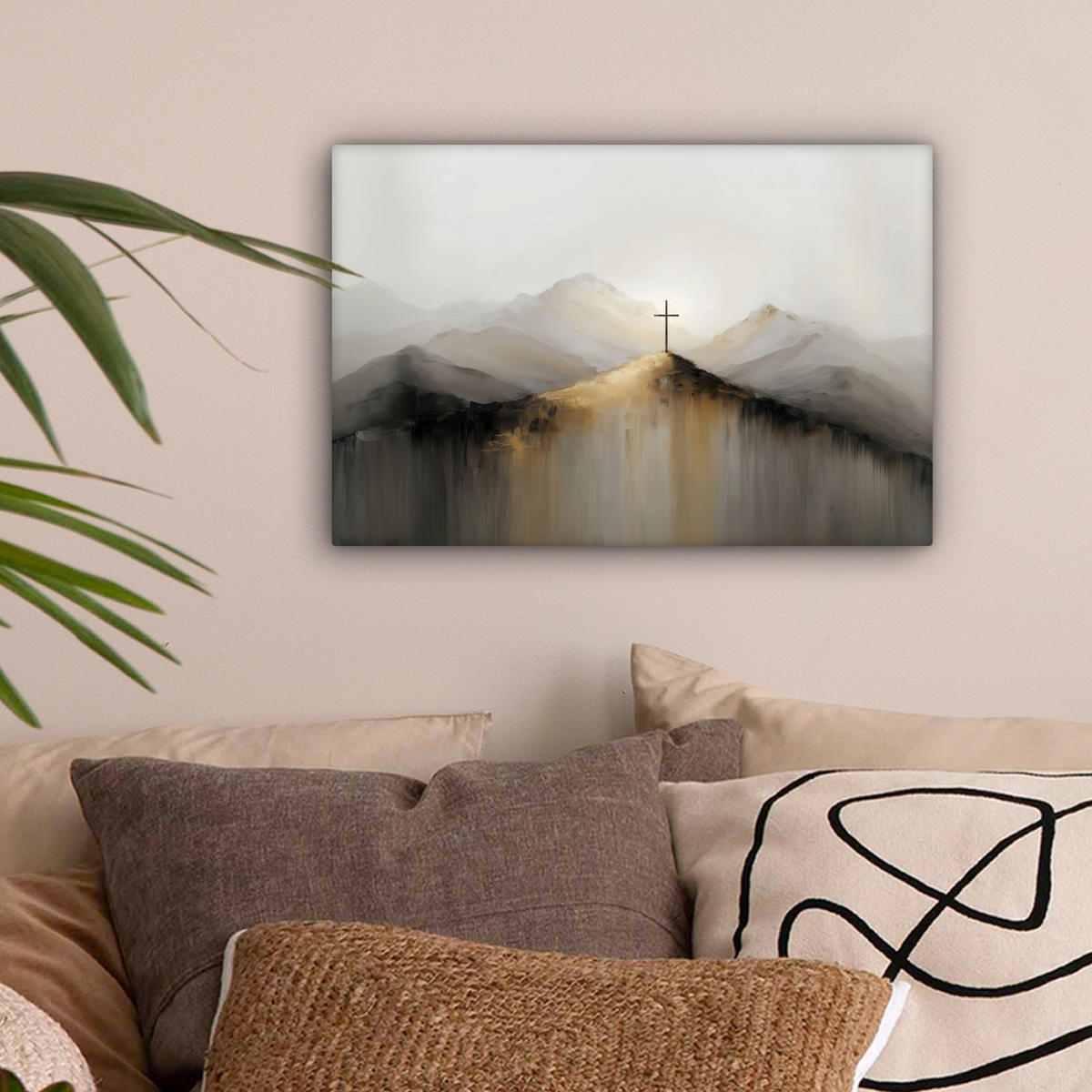 LEINWANDBILD Hügel - Abstrakt - Kreuz - Christentum Deko Schlafzimmer 30x20 cm - Beige, Textil (30/20cm) - MuchoWow