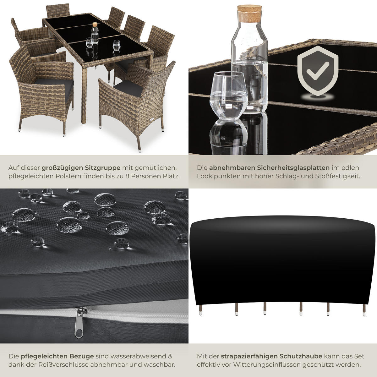 RATTAN SITZGRUPPE Almansa,inklusive Schutzhülle,natur/dunkelgrau - Naturfarben, Kunststoff - tectake