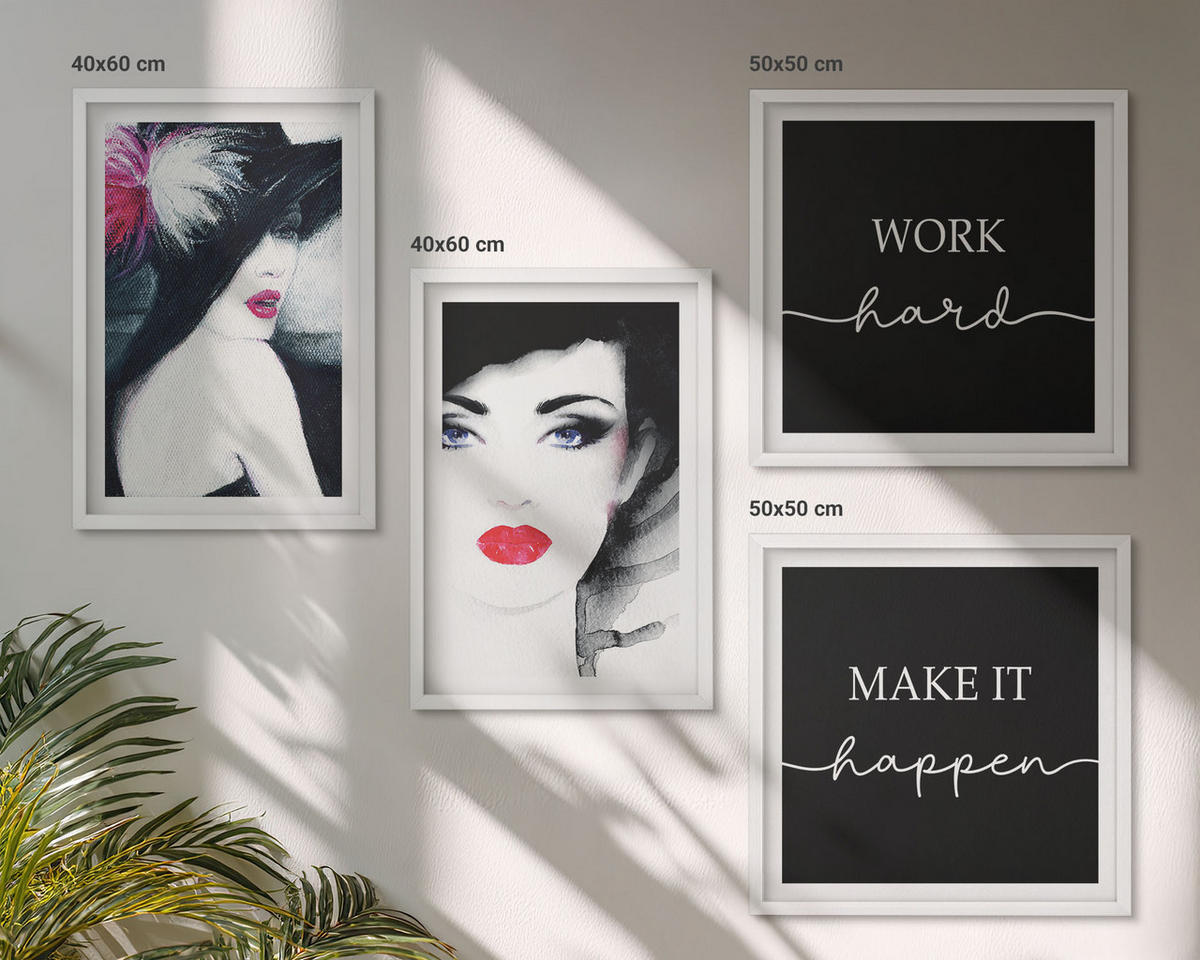 BILDER SET 4er Set - 50x50 cm & 40x60 cm Weißer Rahmen - Porträts von Frauen mit Lippen - Weiß, Kunststoff (50/50cm) - TULUP