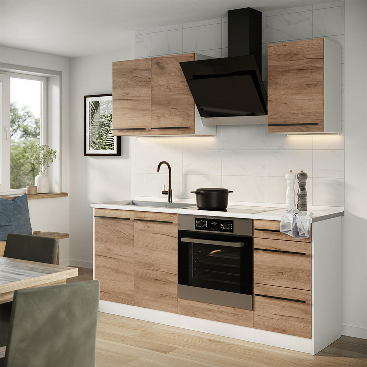 SINGLEKÜCHE R-Line, Goldkraft Eiche/Weiß, 180 cm ohne Arbeitsplatte - Honigeiche/Weiß, Holzwerkstoff (180/206.8/46cm) - Vicco