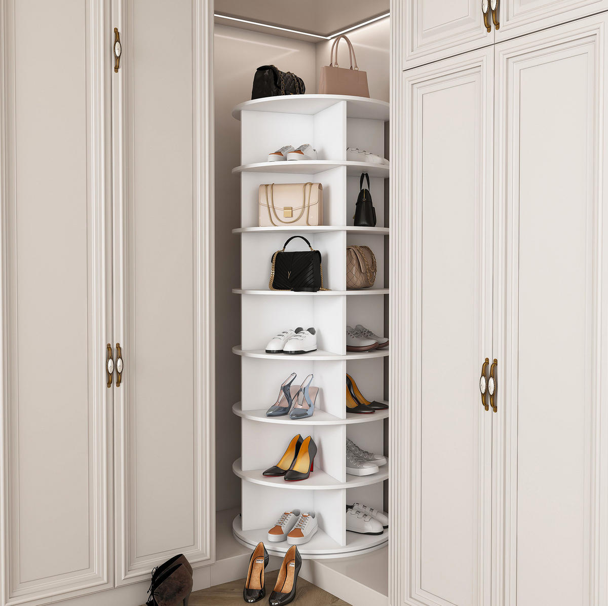 SCHUHREGAL aus PVC 60x60x161 cm Weiß mit 360° Drehfunktion und 7 Ebenen für bis zu 28 Paar Schuhe - Weiß, Kunststoff (60/161/60cm) - Modfu