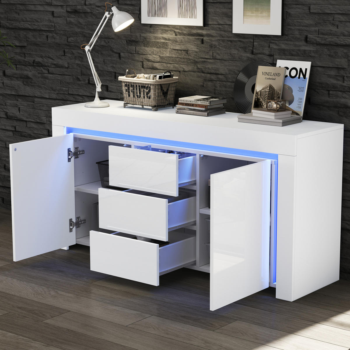 SIDEBOARD 140/40/65 cm Weiß aus MDF mit LED und Hochglanzfront - Weiß, Holzwerkstoff (140/65/40cm) - OKWISH
