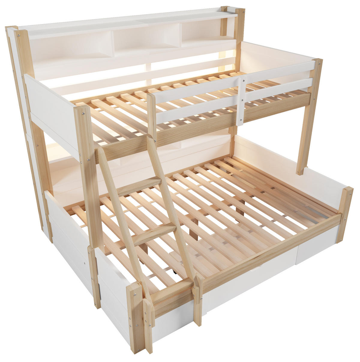 ETAGENBETT aus Kiefernholz 90x200/140x200 cm Weiß/Natur mit LED-Beleuchtung, Stauraum und Schublade - Weiß, Holzwerkstoff (90/200cm) - IVMEU