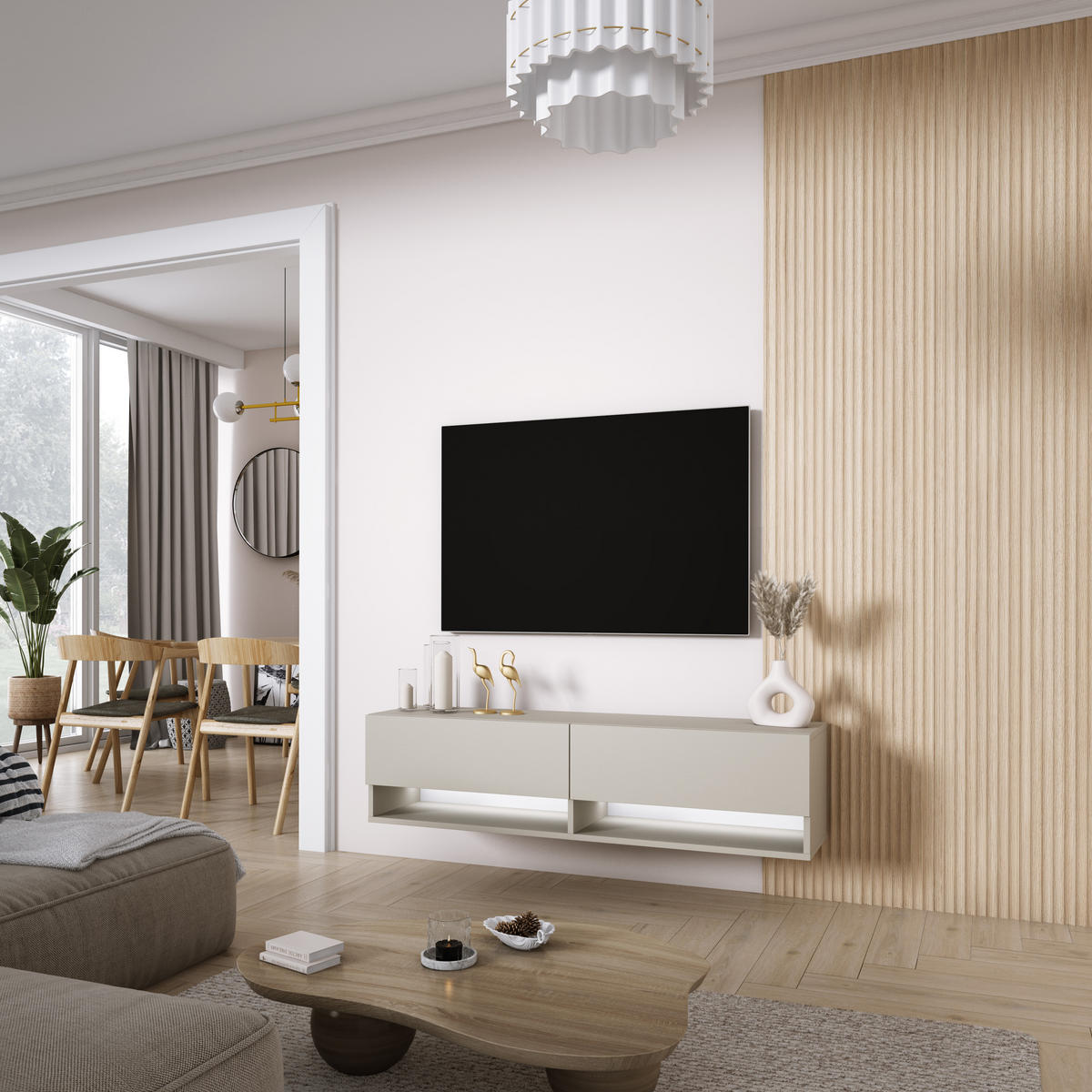 TV-LOWBOARD 140 cm Kaschmir, LED weiß, 140 × 32 × 34 cm - Beige, Holzwerkstoff (140/33.6/32cm) - 3XE LIVING